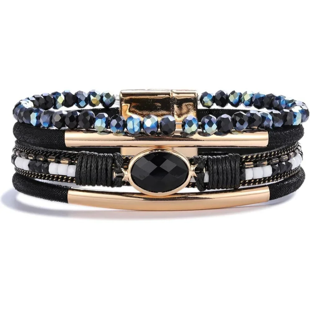 Leather Wrap Bracelet Crystal Beads Boho Cuff Charm Jewelry for Women
